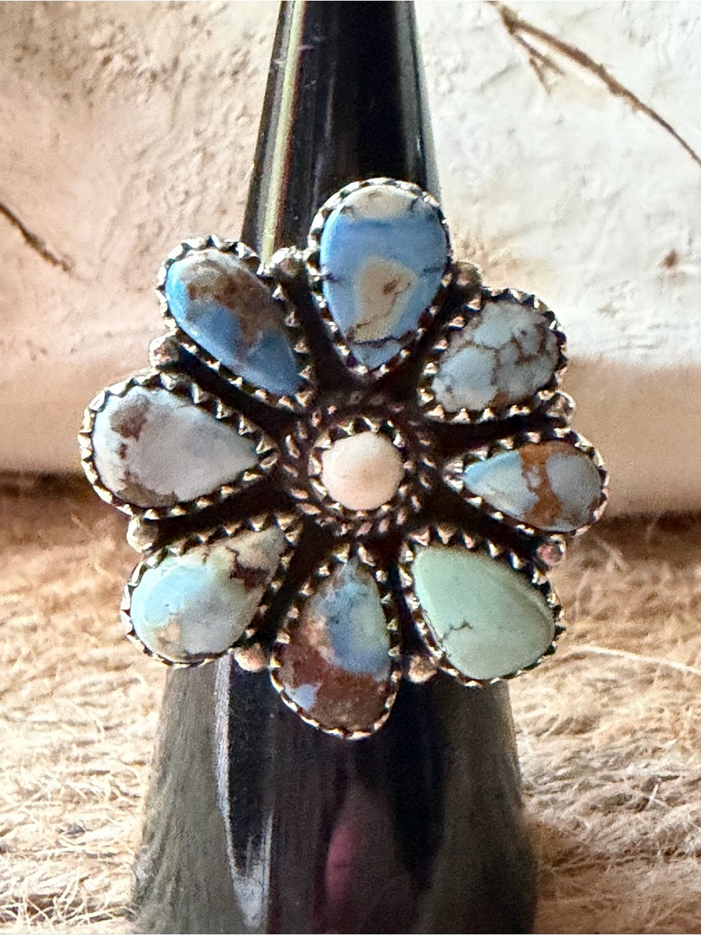 Handmade Golden Hills Turquoise Flower Cluster Ring 925